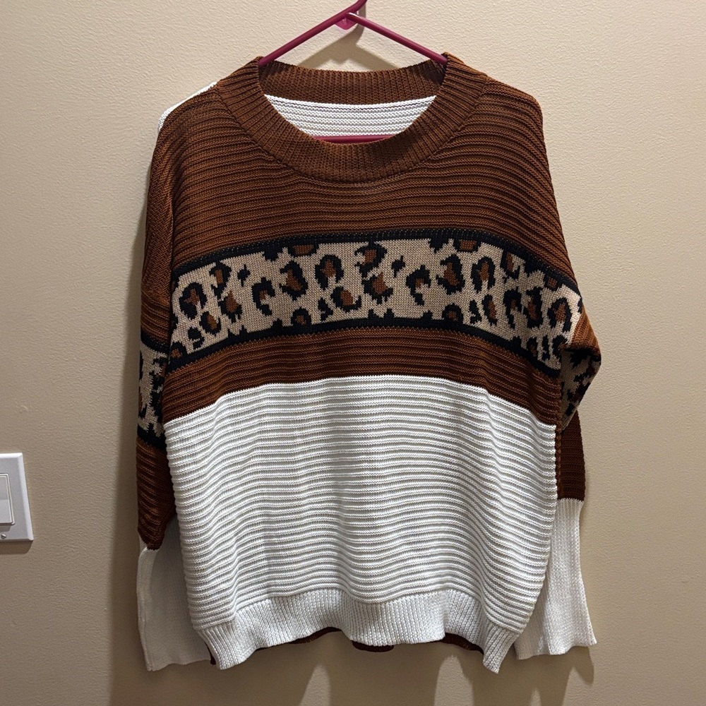 Brown and White Leopard Print Women's Sweater